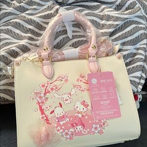 Hello Kitty Cream and Pink Floral Crossbody Tote with Bow Detail